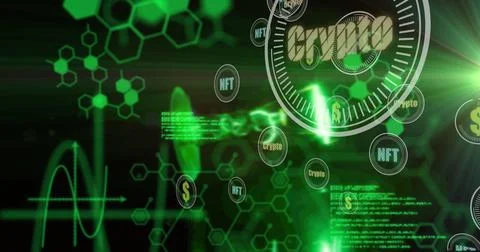 Image of scientific data, crypto and graphs on black background Stock Photos