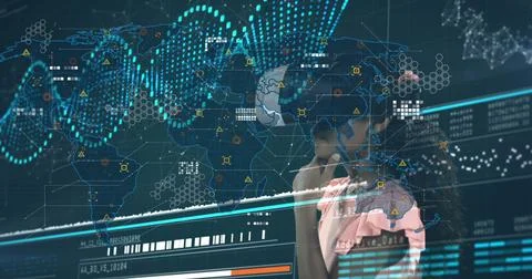 Image of scientific data over biracial girl in vr headset and digital padlock 스톡 사진