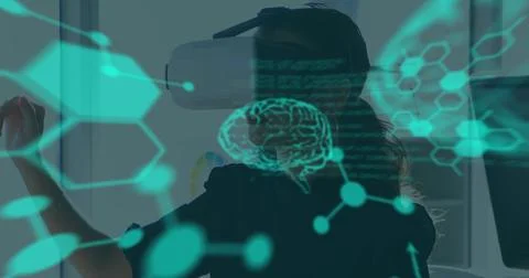 Image of scientific data over biracial woman wearing vr headset in office Stock Photos