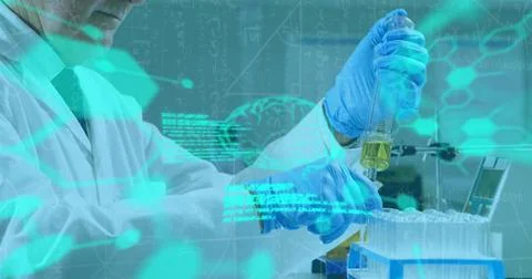 Image of scientific data over hands of senior caucasian male lab worker with Stock Photos