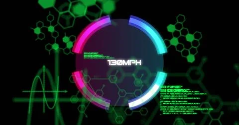 Image of scientific data over speedometer and black background 스톡 사진