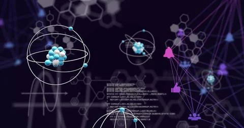 Image of scientific data processing and atoms over network of connections 스톡 일러스트