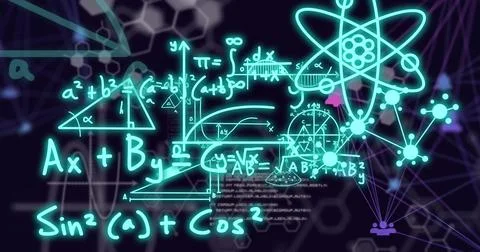 Image of scientific data processing and atoms over network of connections Illustrazione stock