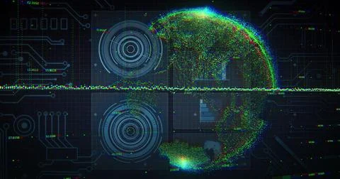 Image of scientific data processing and globe over dark background Illustrazione stock