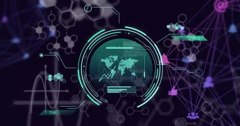 Image of scientific data processing and globe over dark background Illustrazione stock