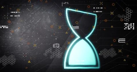 Image of scientific data processing and hourglass over dark background Stock Illustration