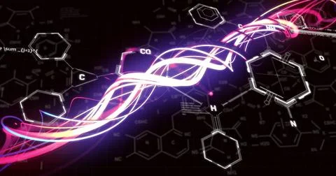 Image of scientific data processing and light trails over dark background Foto stock