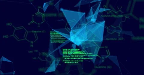 Image of scientific data processing and connections over dark background Stockfoto's