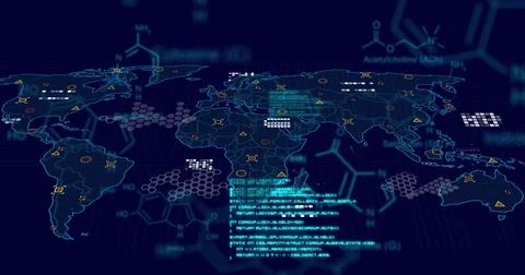 Image of scientific data processing and world map over dark background Stock Photos