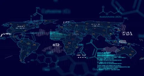 Image of scientific data processing and world map over dark background Stock Photos