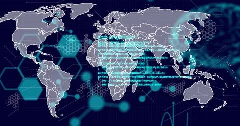 Image of scientific data processing and human brain with world map over dark Stock Photos