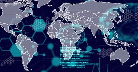 Image of scientific data processing and human brain with world map over dark Foto stock