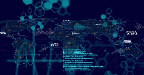 Image of scientific data processing and world map over dark background 스톡 사진