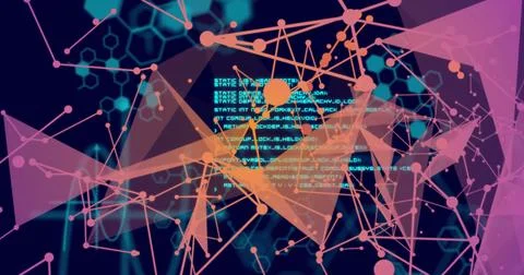 Image of scientific data processing and connections over dark background Foto stock