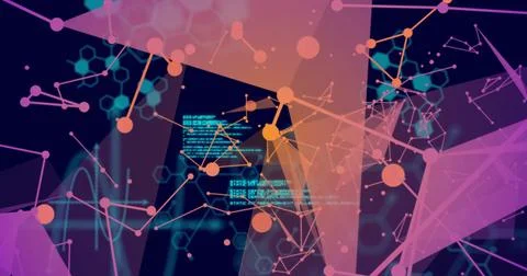 Image of scientific data processing and connections over dark background 写真素材