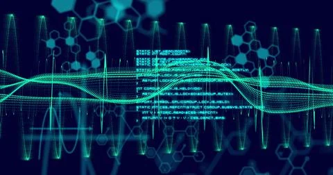 Image of scientific data processing and connections over dark background 스톡 사진