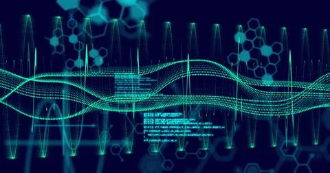 Image of scientific data processing and connections over dark background 스톡 사진
