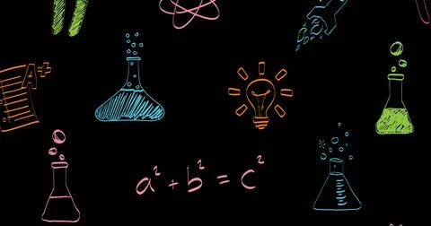 Image of scientific data processing and icons over black background Stockfoto's