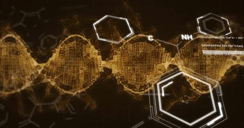 Image of scientific data processing and dna strand over black background Stock Photos