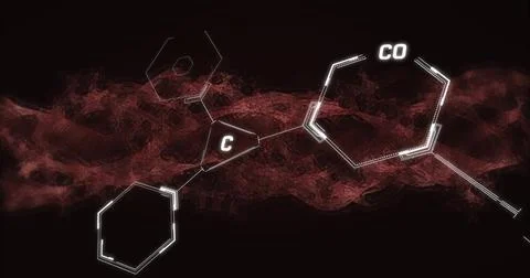 Image of scientific data processing and dna strand over black background Stock Photos