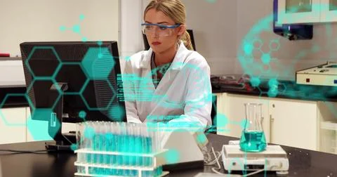 Image of scientific data processing and human brain over female scientist using Stock Photos