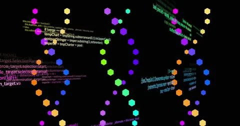 Image of scientific data processing and dna strands spinning Foto stock