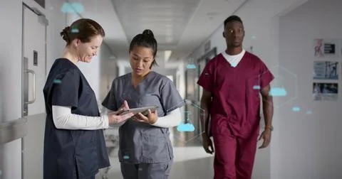 Image of scientific data processing over diverse doctors in hospital Illustrazione stock