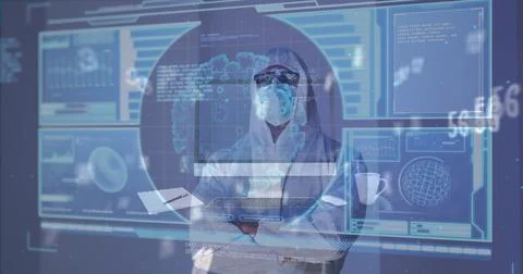 Image of scientific data processing over caucasian male doctor in mask and ppe イラスト素材