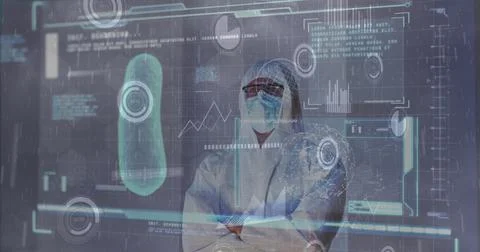 Image of scientific data processing over caucasian male doctor in mask and ppe イラスト素材