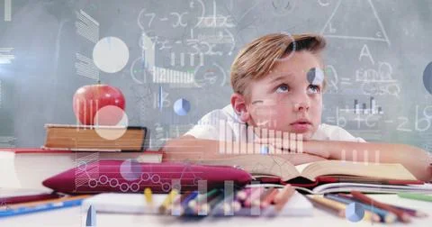 Image of scientific data processing over caucasian schoolboy Stock Illustration