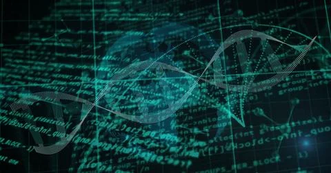 Image of scientific data processing over dna strands on dark background 스톡 일러스트