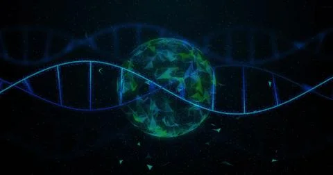 Image of scientific data processing over globe and dna strand on dark background Illustrazione stock