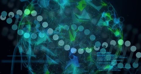 Image of scientific data processing over globe and dna strand on dark background Stock Illustration