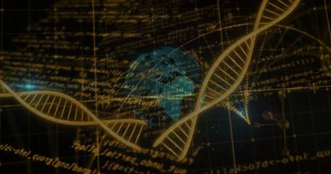 Image of scientific data processing over globe and dna strands on dark Stock Illustration