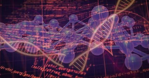 Image of scientific data processing over dna strands on dark background Stock Illustration