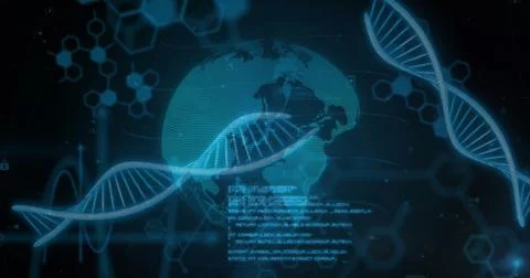 Image of scientific data processing over globe and dna strands on dark Illustrazione stock