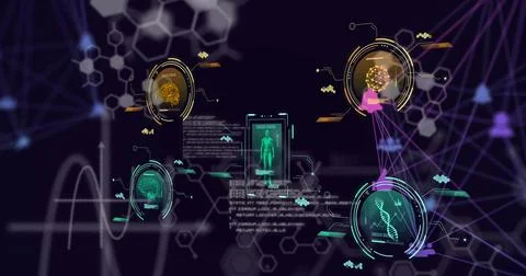 Image of scientific data processing over dark background Stock Illustration
