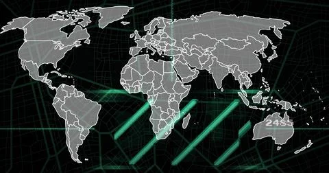 Image of scientific data processing over world map on dark background Ilustración de archivo