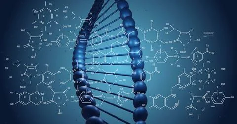 Image of scientific data processing over dna strand spinning Stock Illustration