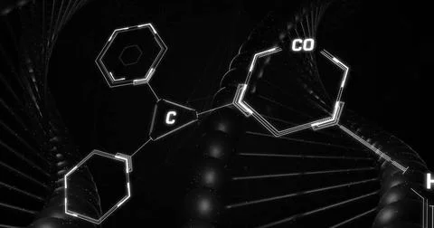 Image of scientific data processing over dna strand spinning Stock Illustration