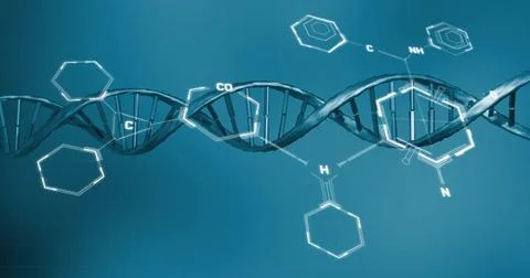Image of scientific data processing over dna strand spinning Illustrazione stock