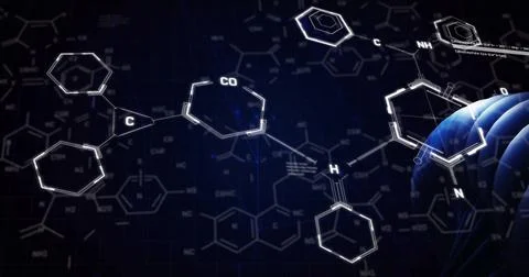 Image of scientific data processing over dna strand spinning Stock Illustration