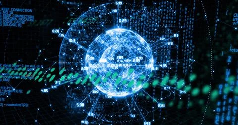 Image of scientific data processing over globe with network of connections Illustrazione stock