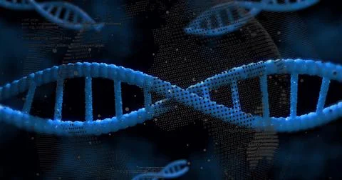 Image of scientific data processing over dna strands and globe spinning イラスト素材