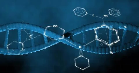 Image of scientific data processing over dna strand spinning イラスト素材