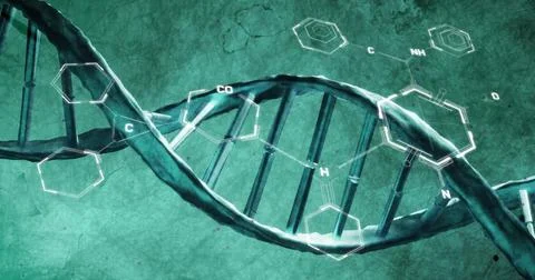 Image of scientific data processing over dna strand spinning Stock Illustration