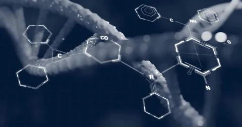 Image of scientific data processing over dna strand spinning Stock Illustration