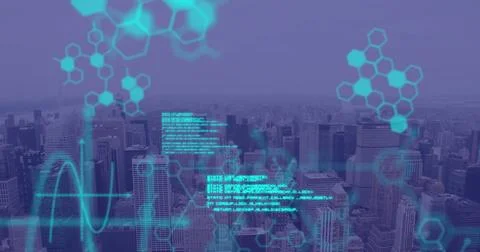 Image of scientific data processing over cityscape Stock Illustration
