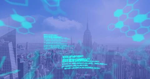 Image of scientific data processing over cityscape on blue background Illustrazione stock