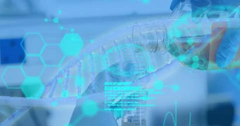 Image of scientific data processing over dna strand spinning Stock Illustration